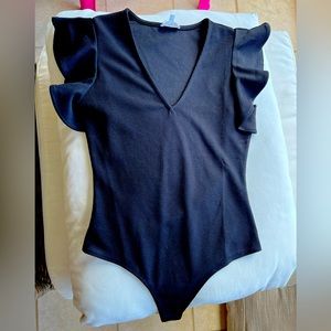 Black Flutter Sleeve Bodysuit -Small